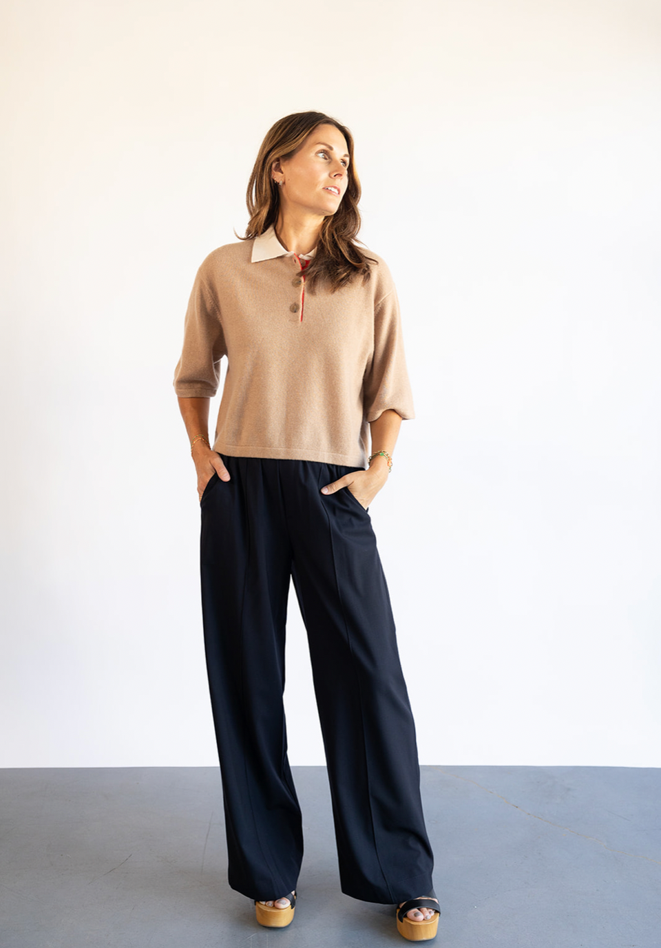 The White + Warren Cashmere Cropped Polo in Camel 