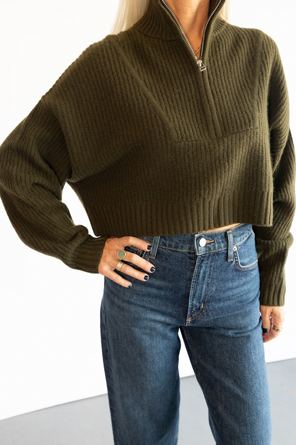 The STAUD Cropped Cashmere Hampton Sweater in Olive