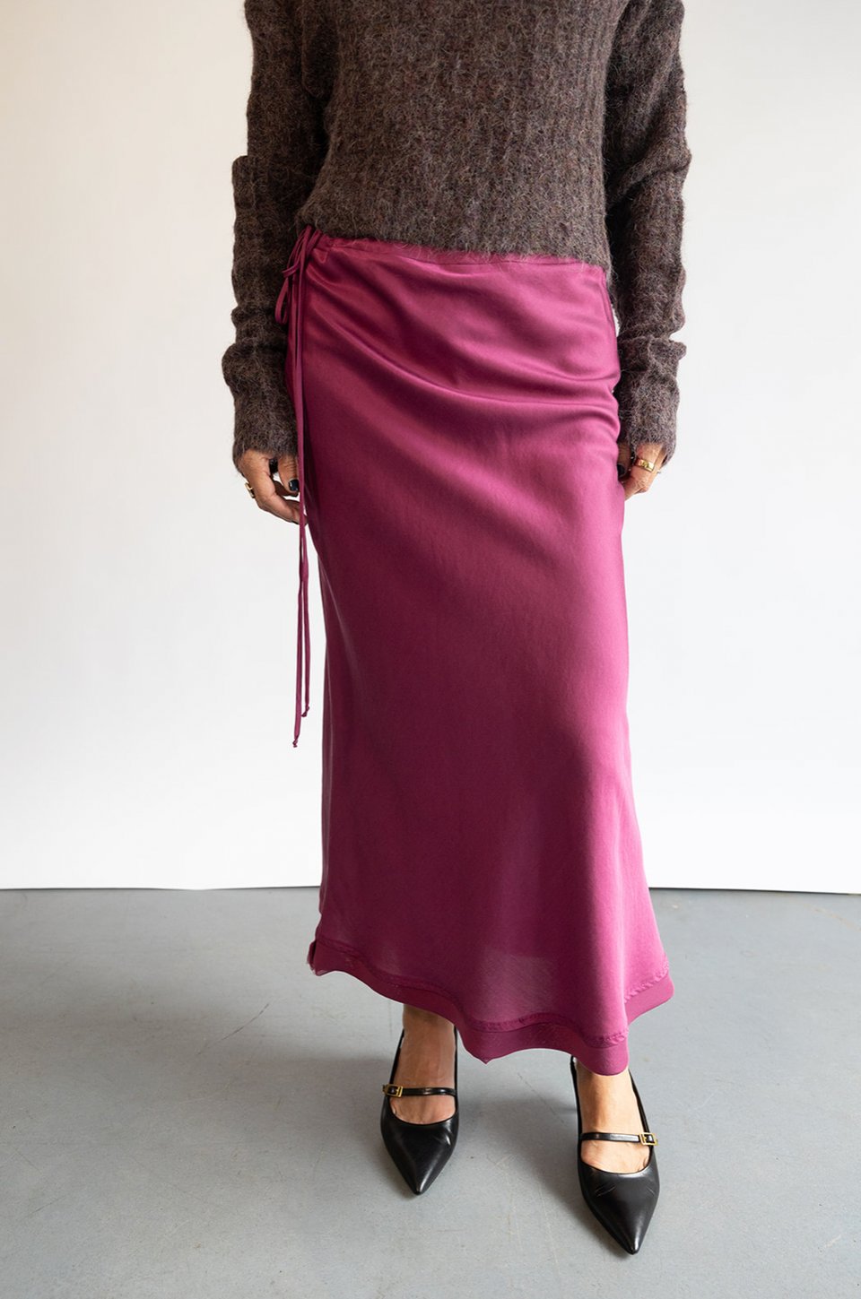 The Brazeau Tricot Petal Garbo Maxi Silk Skirt in Rouge 