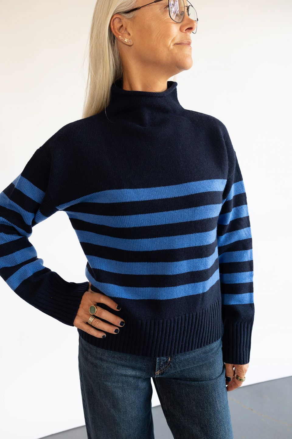 The KULE Lucca Sweater in Navy/Royal Blue Stripes