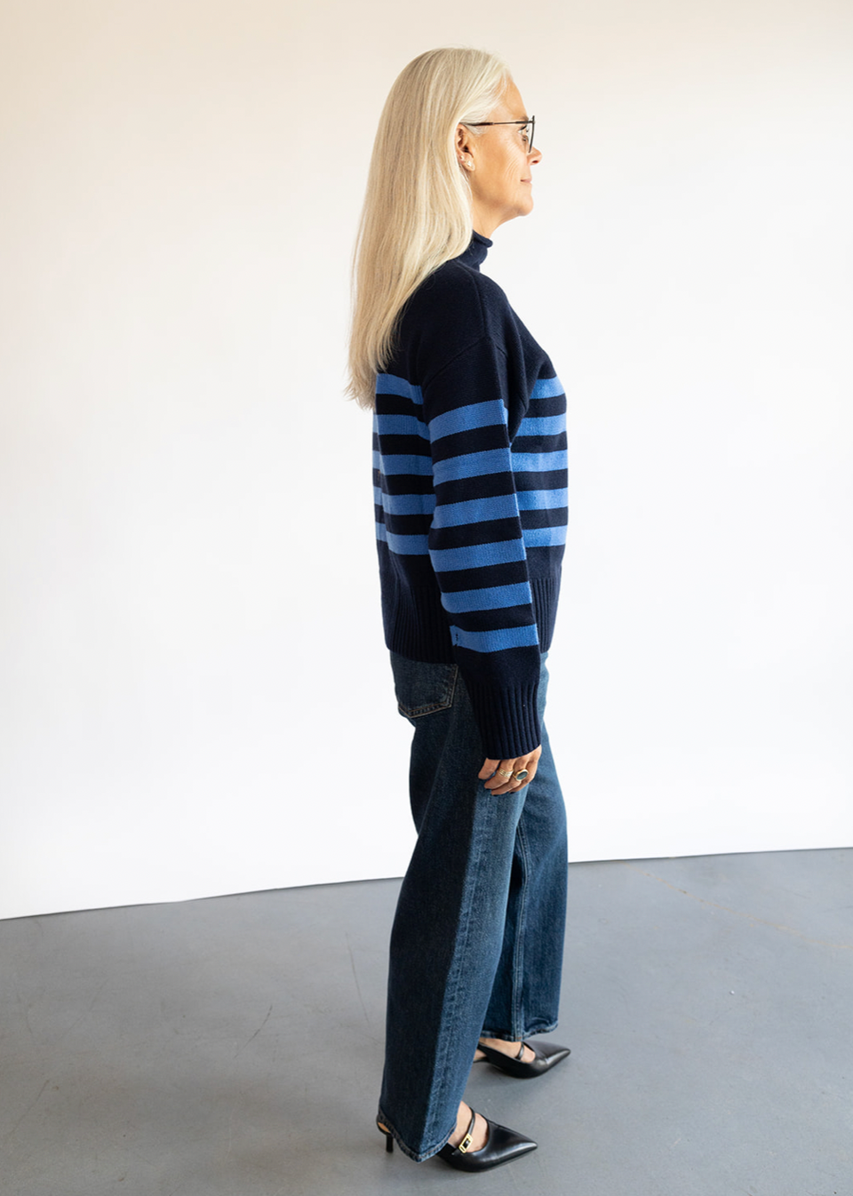 The KULE Lucca Sweater in Navy/Royal Blue Stripes