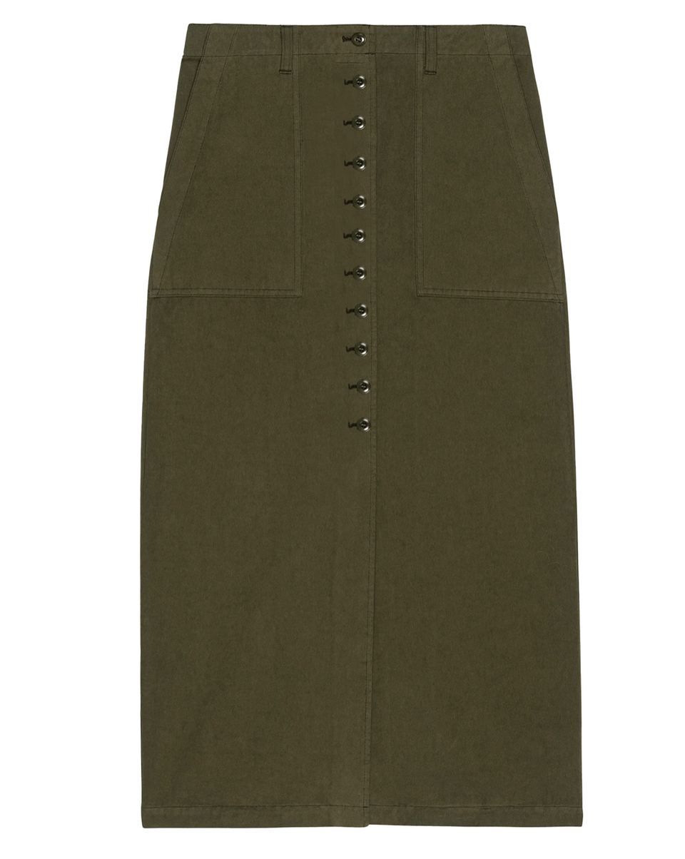 The Great Button Front Column Skirt in Olive