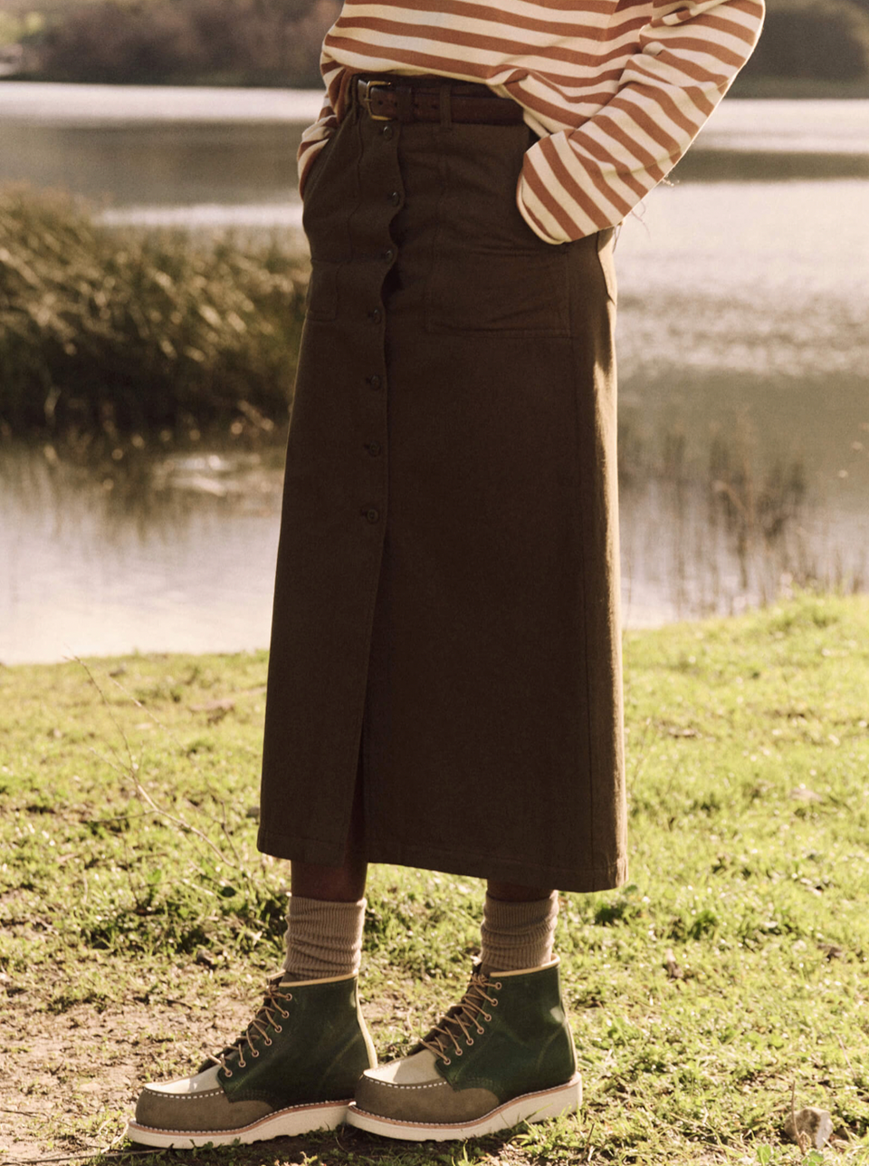 The Great Button Front Column Skirt in Olive