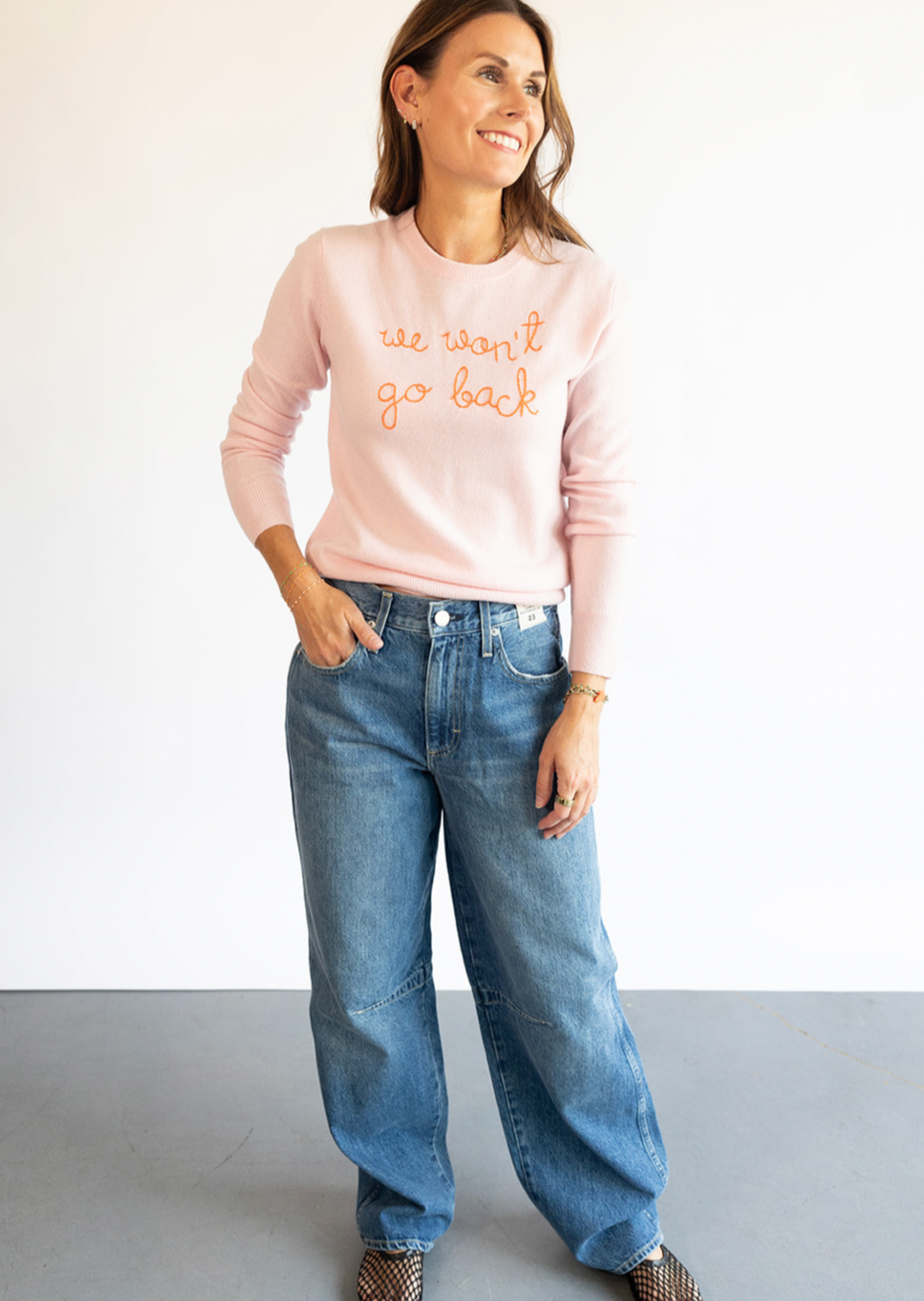 The Lingua Franca "We won't go back" Sweater in blush