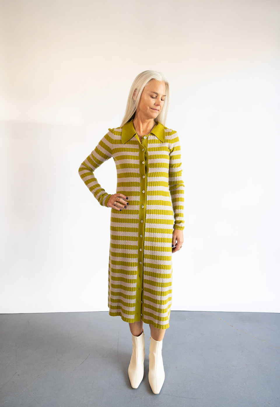 The Lingua Franca Morrissey Textured Dress in Green Stripe | Shop Eleanor 