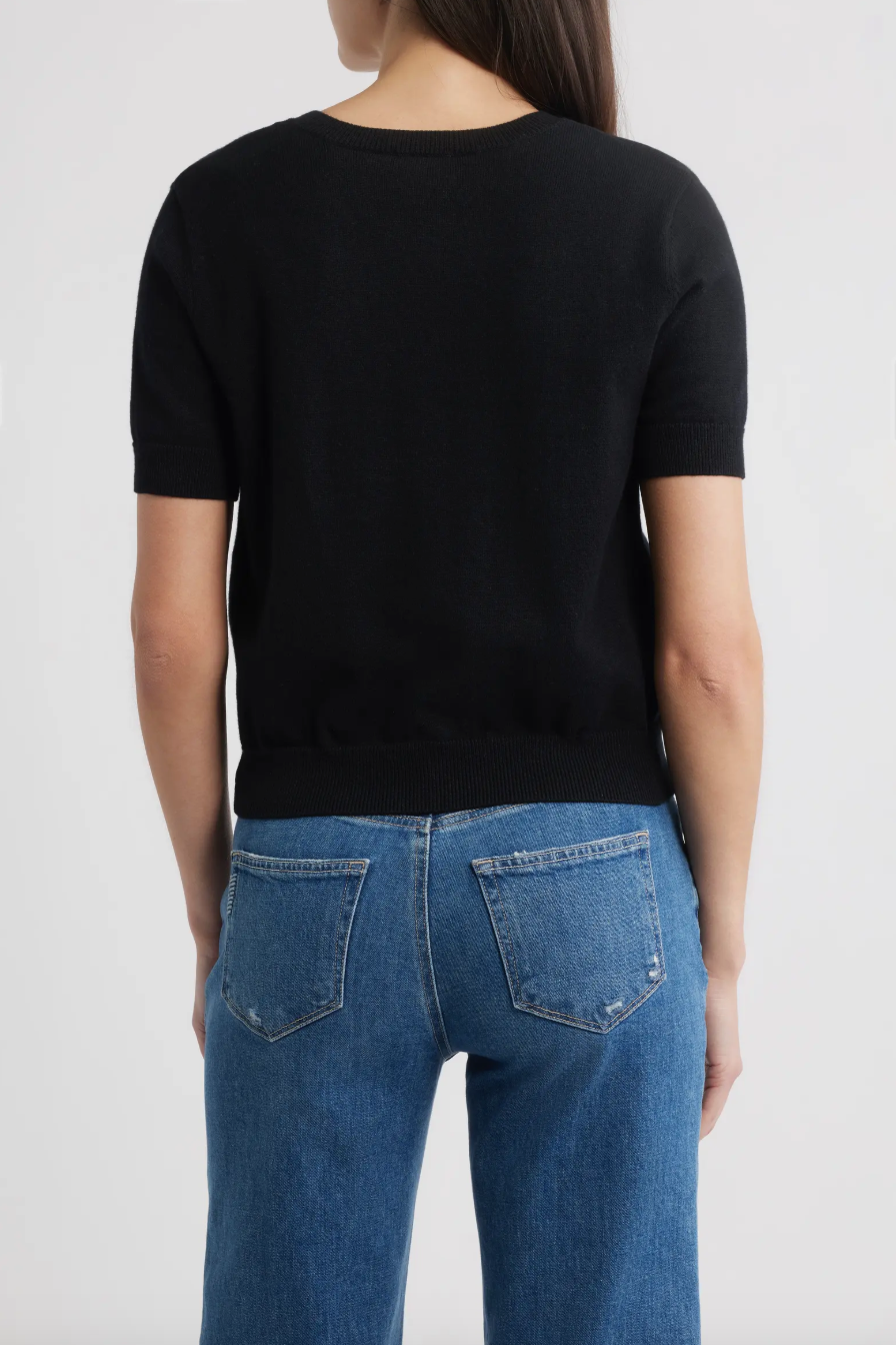 short sleeve black button-front cardigan