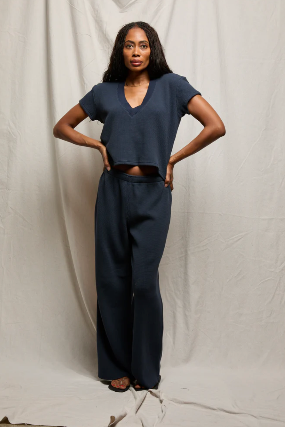 Th Perfect White Tee Shane Waffle Pants in Navy | Shop Eleanor 