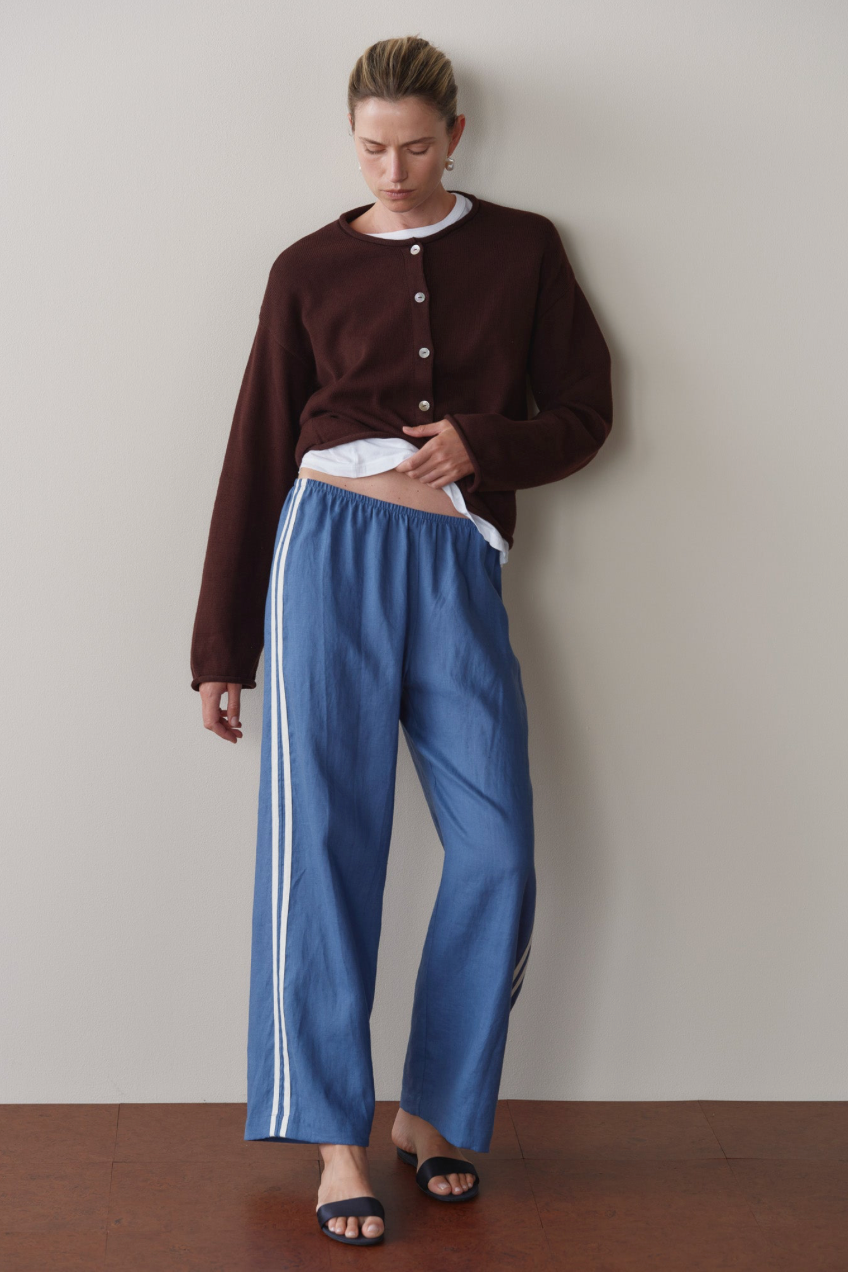 The Donni Linen Crop Stripe Pant in Lapis | Shop Eleanor 