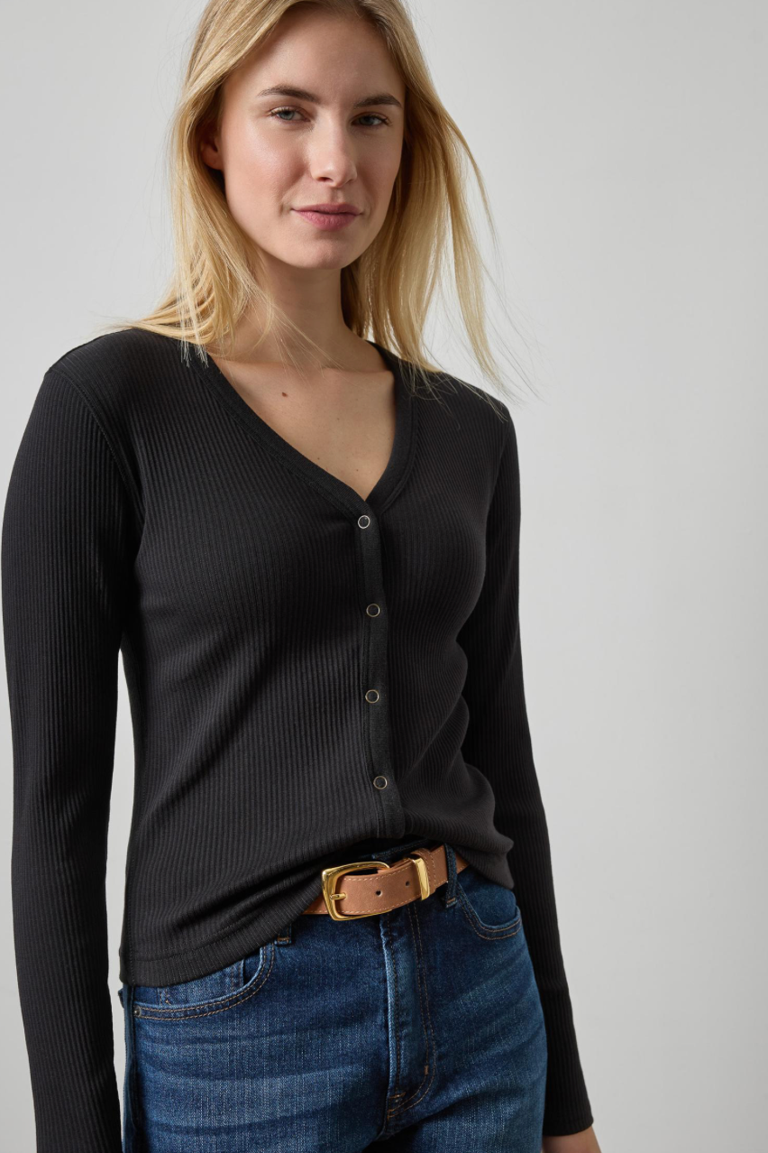 The Button Front Ribbed Cardi in Black | Shop Eleanor 