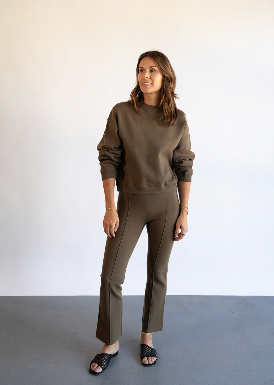 The Organic Cotton Kick Flare Pant in Dark Sage | Shop Eleanor 