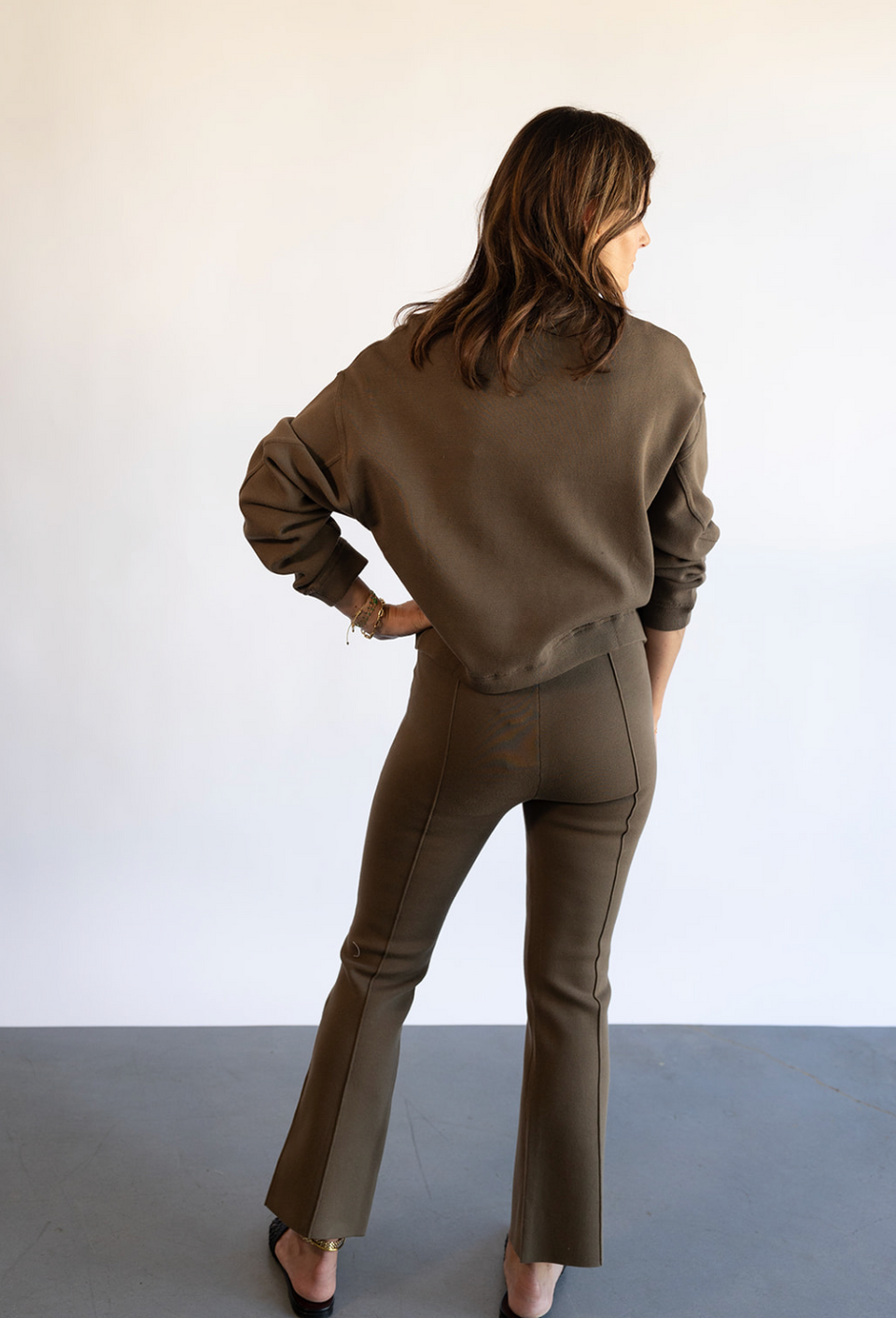 The Organic Cotton Kick Flare Pant in Dark Sage | Shop Eleanor 