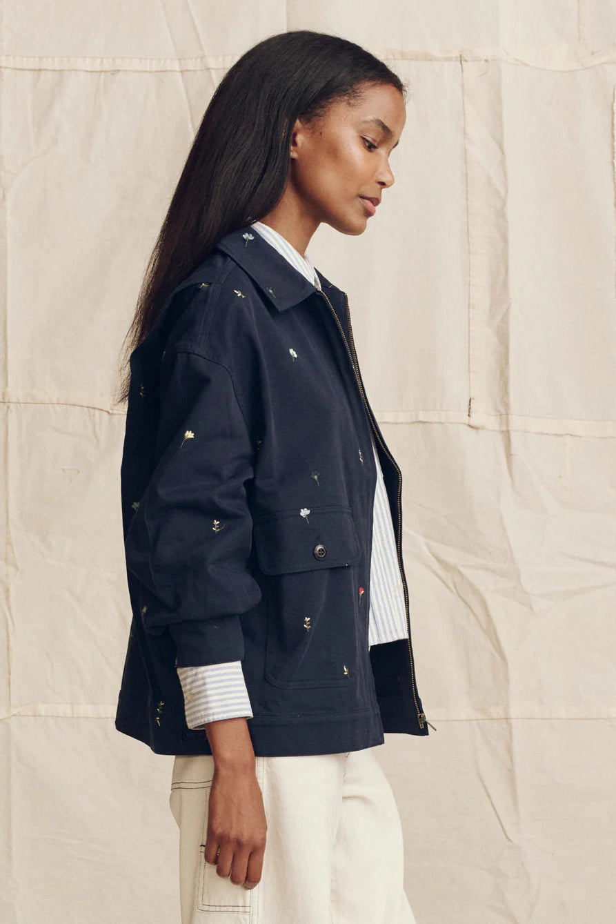 Navy Workwear jacket with flower embroidery | Shop Eleanor - Women's Luxury Apparel
