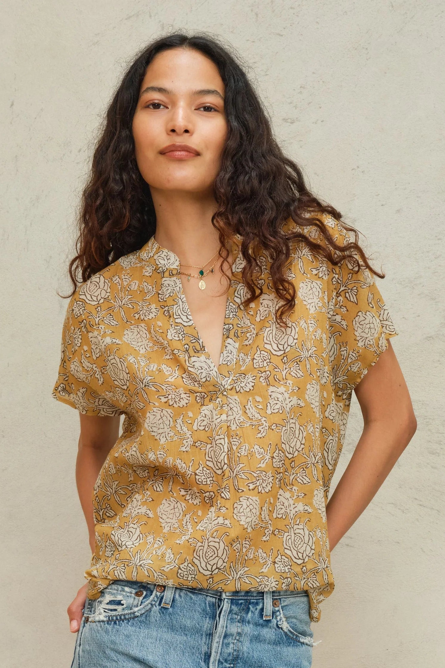 Mabe Tulsi Print Top in Mustard | Shop Eleanor