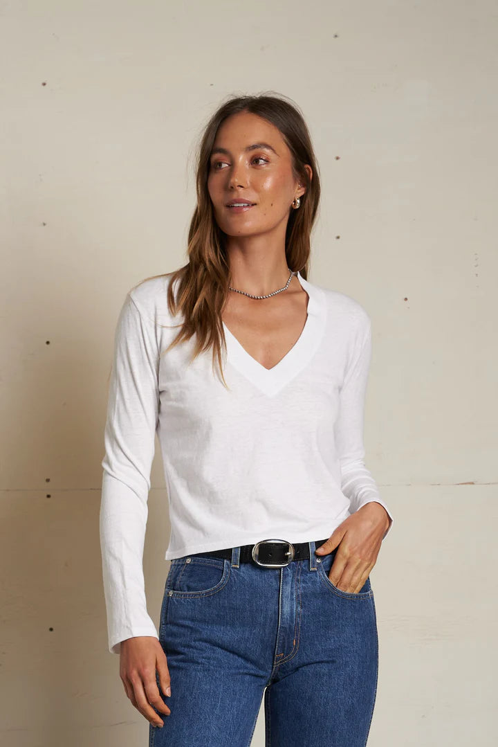 perfectwhitetee Fiona Long Sleeve V-Neck Shirt in White | Shop Eleanor