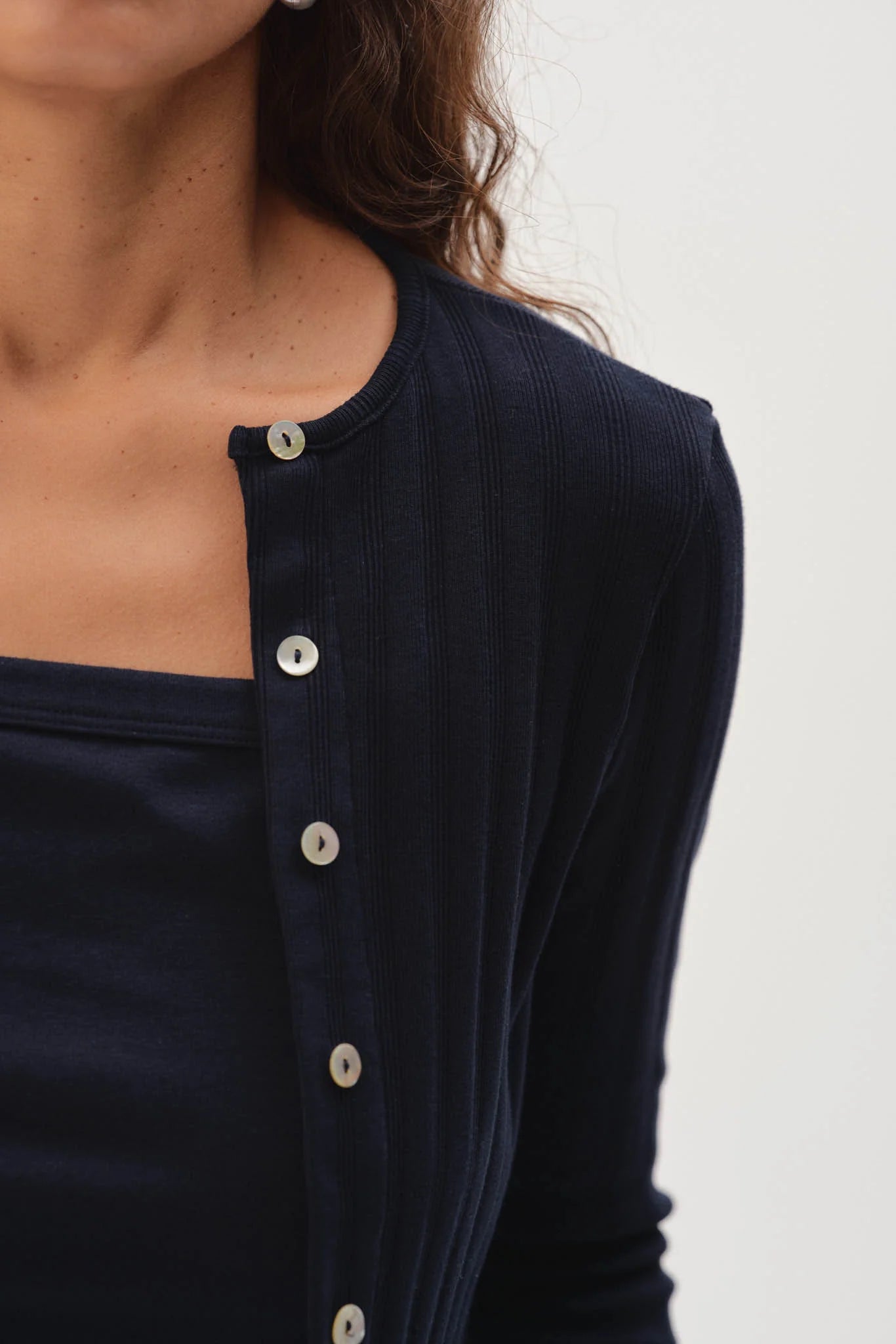 Donni Varied Rib Cardigan in Navy with Mother of Pearl Button | Shop Eleanor