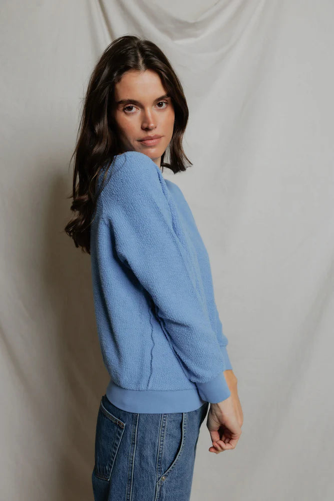 perfect white tee Ziggy Fleece Cotton Crew in Milky Blue | Shop Eleanor