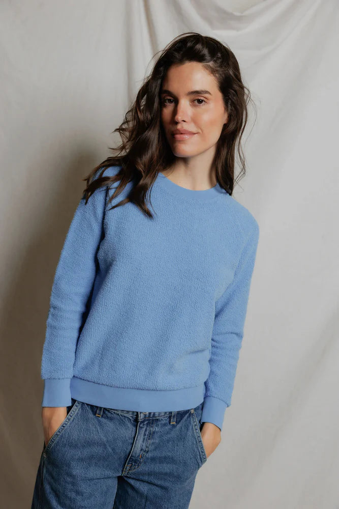 perfect white tee Ziggy Fleece Cotton Crew in Milky Blue | Shop Eleanor